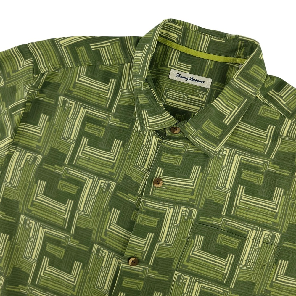 Tommy Bahama IslandZone Shirt Mens XL Green Geo Short Sleeve Silk Button Up